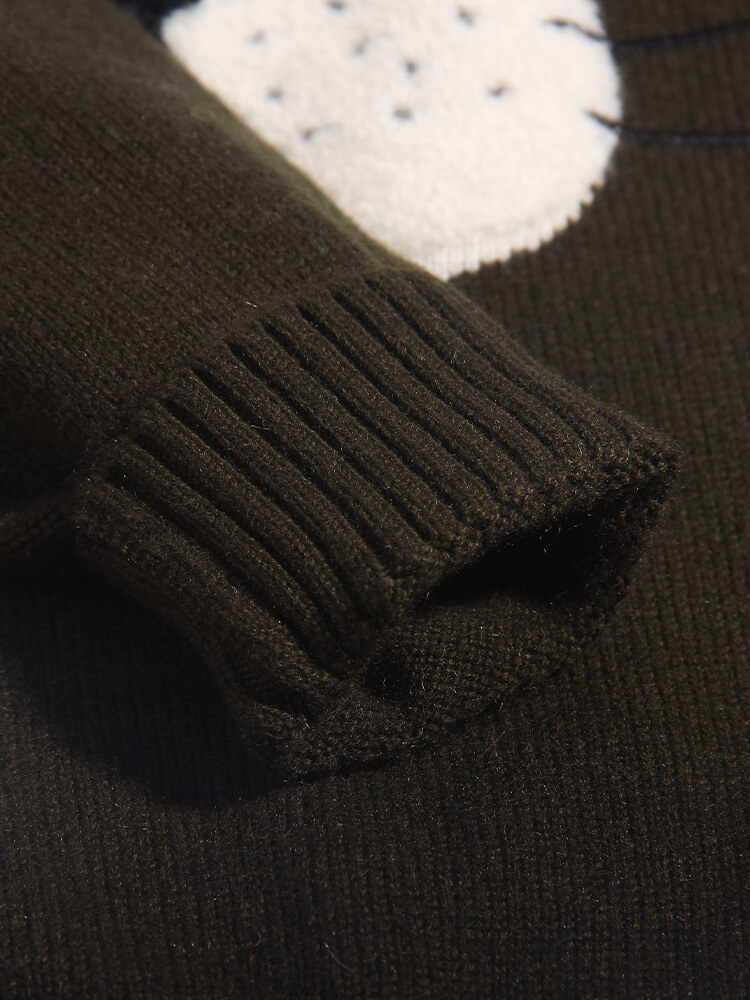 Kids Cute Whiskered Animal Face Olive Green Cashmere Sweater